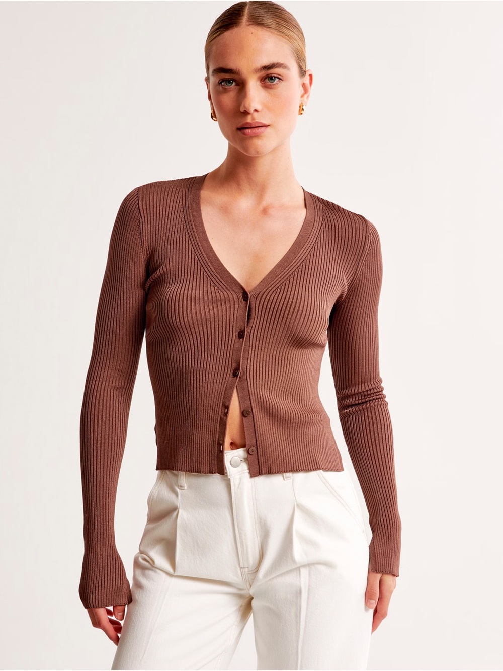 Abercrombie & Fitch Women's Rusty Rose Ribbed Button Cardigan